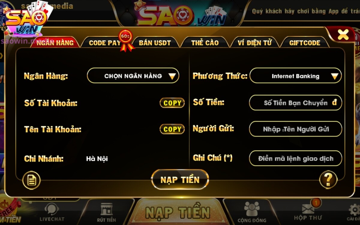 Hỗ trợ đến 3 phương thức nạp đơn giản