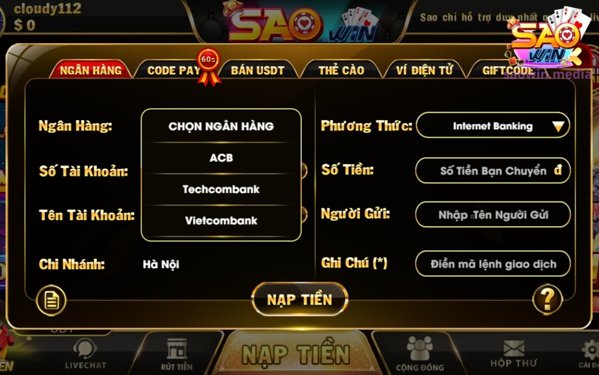 Nạp tiền Saowin bằng tài khoản ngân hàng