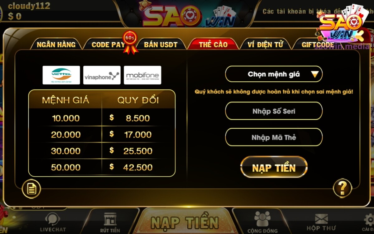 Nạp tiền tại Saowin bằng thẻ cào